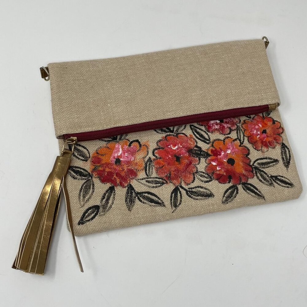 Mama Souk Clutch Handpainted Red Pink Floral Gold Tassel Fold over Bag Purse